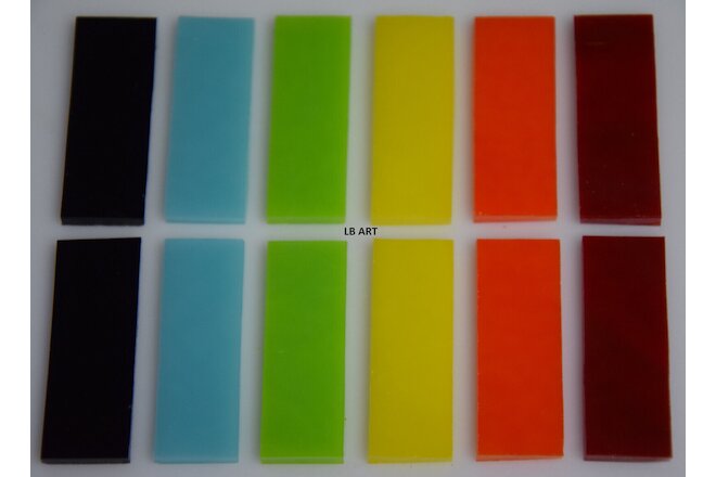12 PIECES 1/2" x 1 1/2" OPAQUE RAINBOW COLORS BULLSEYE 3mm THICK GLASS 90 COE