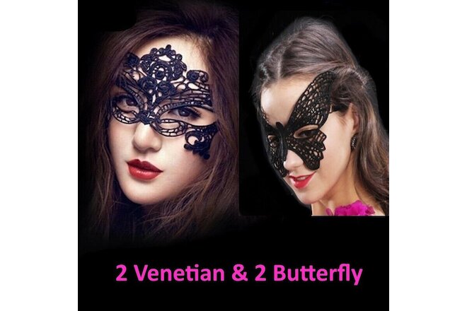 4x Black Lace Mask Masquerade Eye Face Eyemask Women Party Halloween Mardi Gras