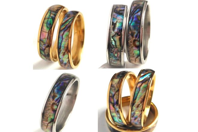 12pcs Gold & Silver Stainless Steel Abalone Shell Ring 6MM Unisex Trendy Jewelry