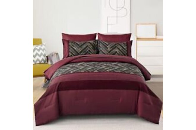 Comforter Set Size 7 Pieces Red and Black Stripe Bed in a Bag Queen Burgundy