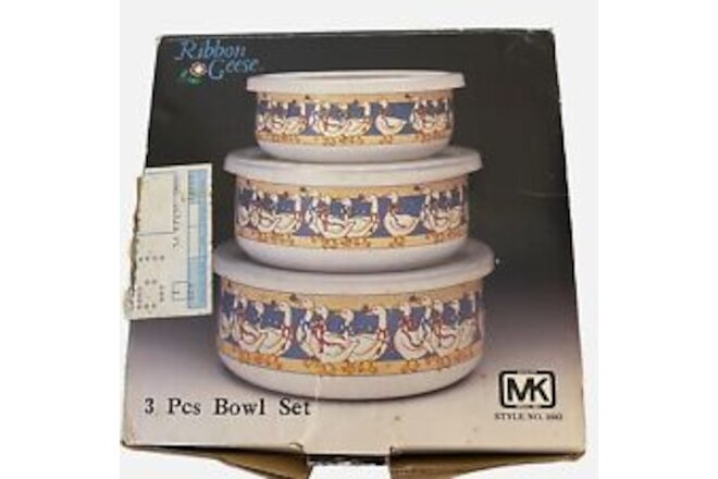 Kamenstein Ribbon Geese 1980s 3 Bowls Lids Porcelain Steel NOS Stackable Kitschy