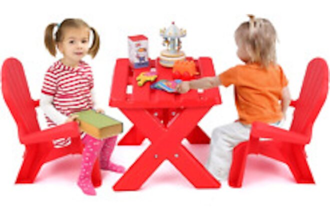 Kids Outdoor Table & Chair Set, Toddler Play Table with 2 Adirondack Chairs, 3 P