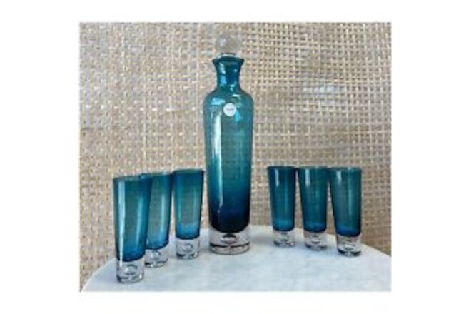 Brand New Vintage Mouth Blown BLOCK Crystal Hand Polished Blue Decanter 8PC
