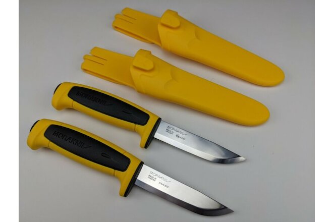 2 Pack Lot - Morakniv Basic 546 Knife & Sheath 2 Yellow/Black Handle Mora Knives