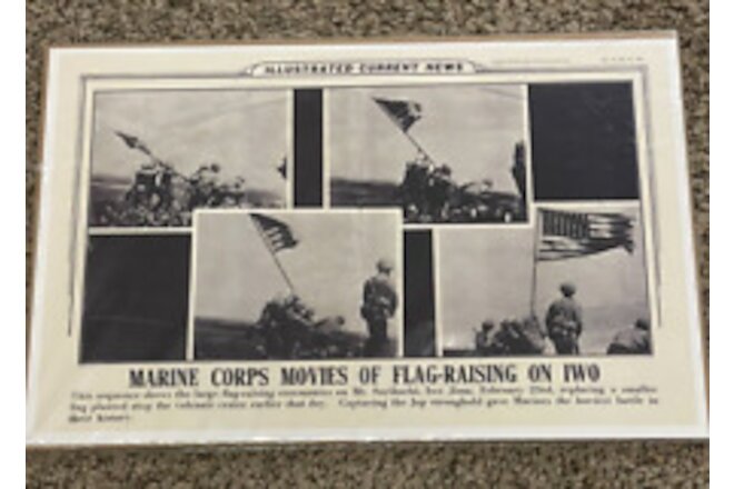 Illustrated Current News History Marine Flag Raising on IWO Jima Poster 1945