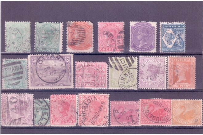 Australian States Victoria, Tasmania, SA & WA set of 19 Used Stamps 1875-1910
