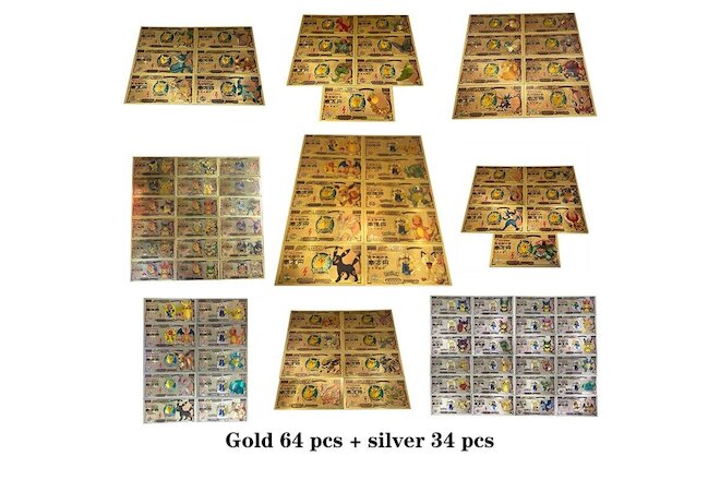 64pcs Gold Pokemon Banknote +34pcs silver Pikachu Eevee Banknote (64+34=98 pcs)