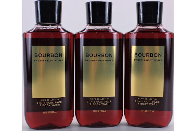 3PK Bath & Body Works Men's BOURBON 3-1 Hair Face Body Wash Gel Shampoo 10 Oz