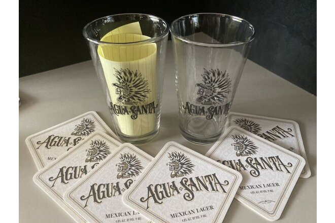 (2) NEW Agua Santa Brewing Beer Pint Glasses & 10 Bar Coasters Coaster Lot
