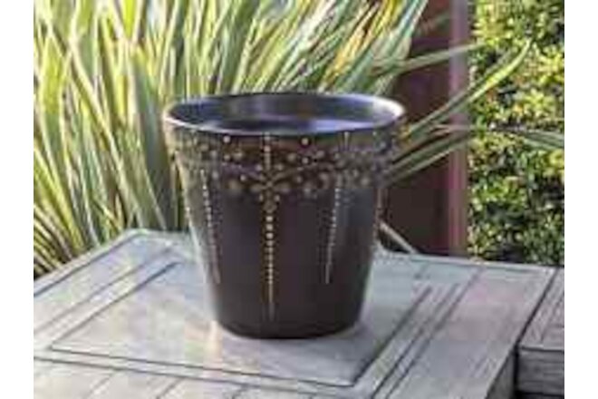 Black & Gold Flower Pot | 10.5" Round Ceramic Planter is Handmade Talavera Pot