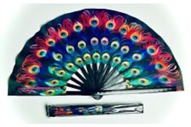 Sexy Rainbow Peacock Feathers 26"  Extra Large Folding Clack Gay Pride Fan Rave