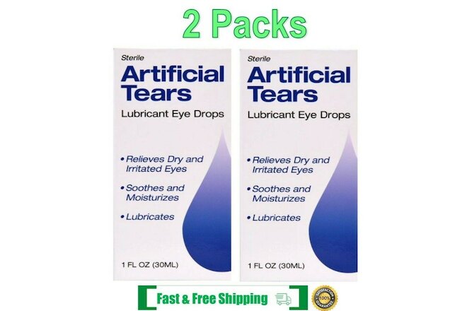 2 Packs Artificial Tears Sterile Lubricant Eye Drops, 1 fl Oz Each Exp 2023