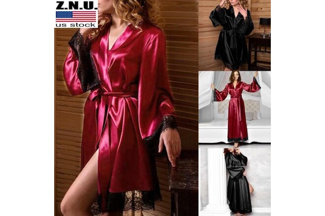 Womens Sexy Satin Silk Sleepwear Long Kimono Nightwear Bath Robe Gown Plus Size