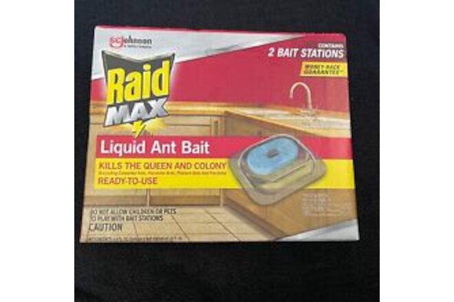 Raid Max Liquid Ant Bait 2 Total Bait Stations Kills The Queen & Colony NEW!!