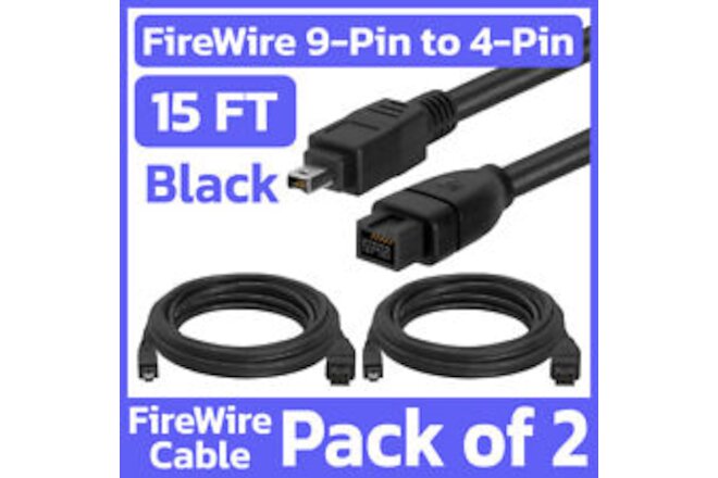 2 Pack FireWire 800 to 400 Cable 15ft IEEE1394b 9-Pin to 1394a 4-Pin Cord Black