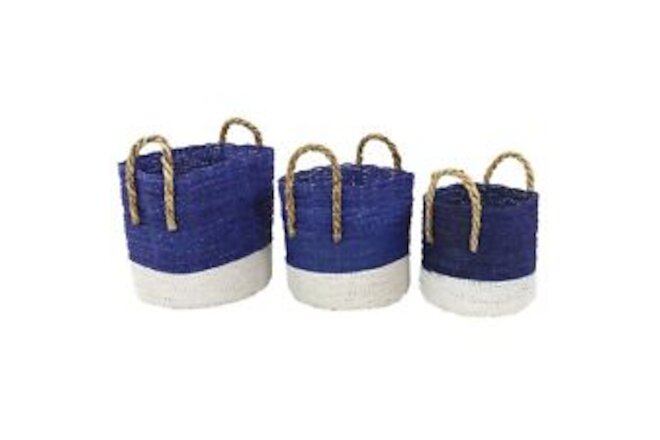 17", 15", 13"W Blue Seagrass Handmade Two Toned Storage Basket with Handles, 3-P