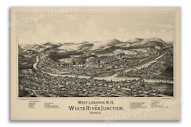 Bird's Eye View 1889 West Lebanon Vermont Vintage Style City Map - 16x24