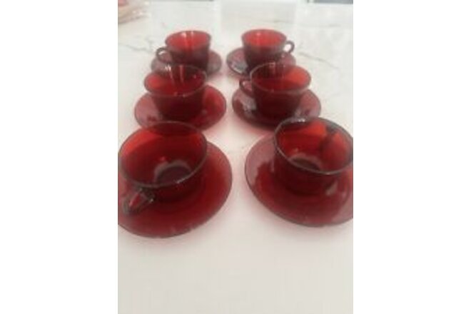 Vintage Ruby Red Glass Set Of  6 Cups And 6 Saucers -- SIX