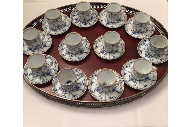Set of 12 Antique German Tettau Blue/White Demitasse Cups & Saucers Strawflower