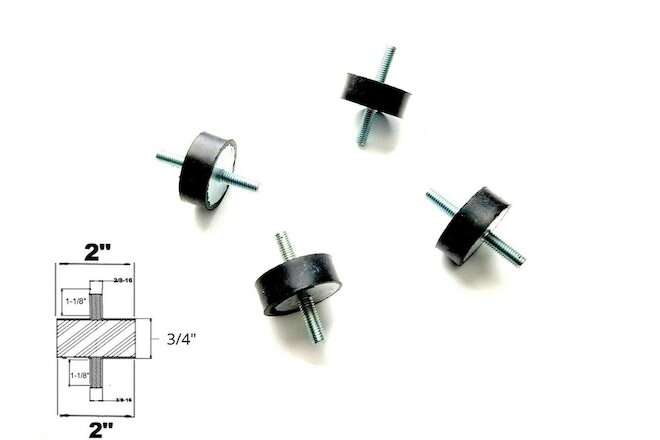 4 Rubber Vibration Isolator Mounts (2" Dia x 3/4 Ht) 3/8-16 x 1-1/8'' Studs