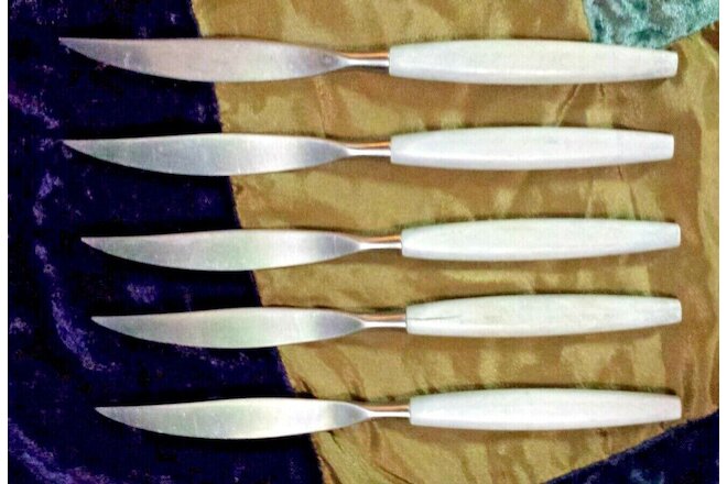 Set/ 5 Cutlass Steak Knives Mid Century Knife Sheffield England Stainless White