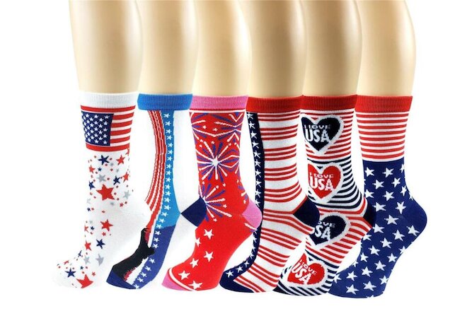6 Pairs Women American 4th Of July USA Novelty Design Crew Socks