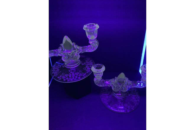 Vintage Manganese Clear Glass Etched Double Candle Stick Holders Glows