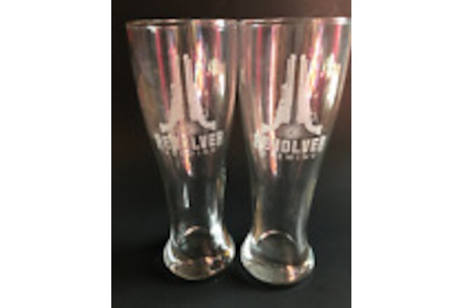 REVOLVER BREWING CO. ~ CLEAR ETCHED LOGO ~ PILSNER BEER GLASS PAIR(2)