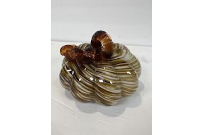 Hand Blown Glass Caramel Brown Swirl Brown  Spiral Stem Pumpkin 6” W X 4.5”
