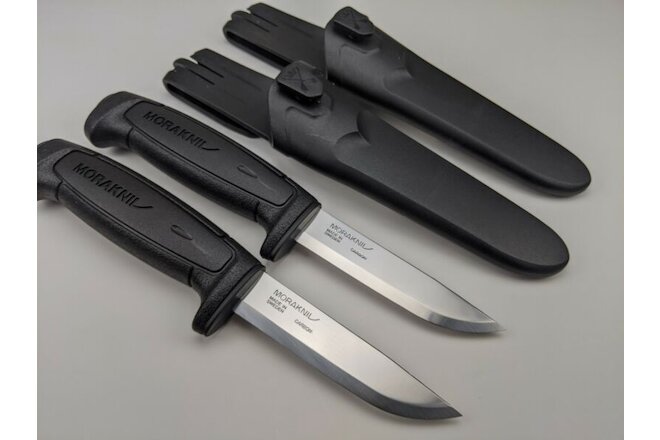 2 Pack Lot - Morakniv Basic 511 Knife & Sheath - 2 Black Mora Knives & Sheaths