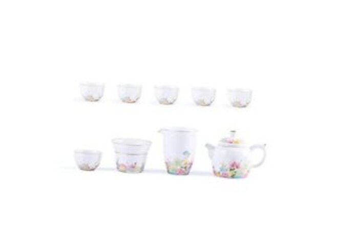 Fine Ceramic Tea Set Chinese Suet Jade White Porcelain Teapot with 6 Peony