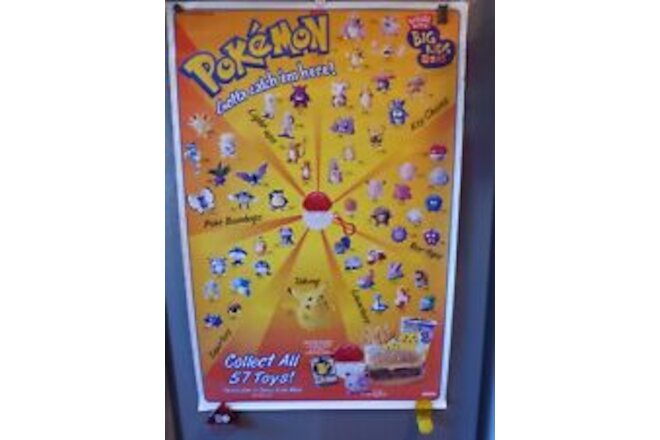 Vintage Pokémon Burger King Kids Meal Toy Poster 1999 22" x 32" Promotional 🔥