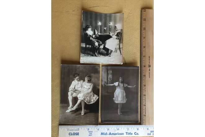 Lot of 3 Antique Photos - Ballerina, Male Ballerina (Danseur) & Knitting - OOAK