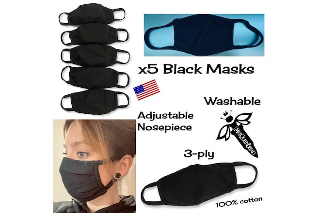 5 Black 100% Cotton Face Mask Lot Washable Reusable Unisex Comfy🤍X5 masks DEAL