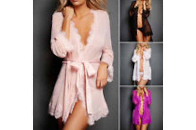 1 Set Women Lace Sleepwear Robe Bathrobe Sexy Lingerie G-String Babydoll Gown`~t