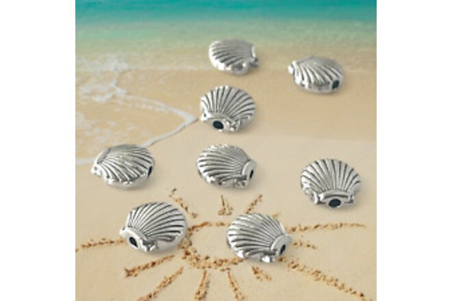 50 Beach Clam Shell Spacer Beads Silver Ocean Two Sided Bead Findings 9x8mm