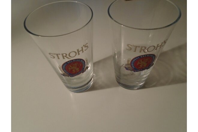 2 Vintage 5 1/4" STROH'S BEER GLASS Fire-Brewed Beer traditional brewing heritag
