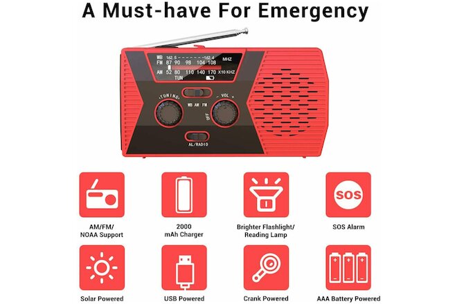 2000mAh Emergency LED Radio Solar Hand Crank AM/FM/NOAA Flashlight Phone Charger