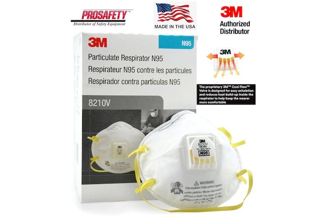 3M 8210V N95 Particulate Respirator W/Exhalation Valve 10 Face Masks Box XP 9/27