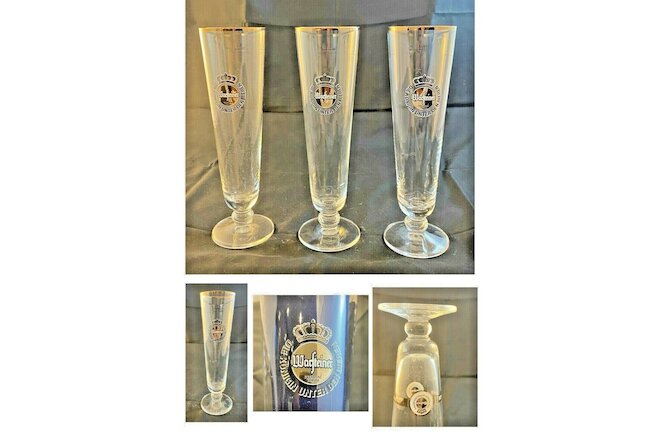 VINTAGE WARSTEINER Barware Beer Glasses 14 oz. Clear Footed Gold-Rimmed 3-PC Set