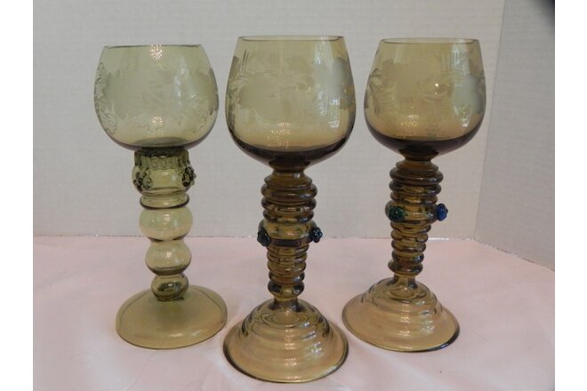 Moser Bohemian Blown German Roemer Rhine Wine Stems Grape Etched LOT of 3