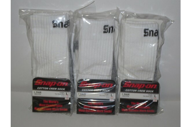 3 PAIRS Snap-On CREW Socks Men's WHITE LARGE ~ FREE SHIPPING ~ MADE IN USA *NEW*