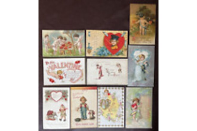 Lot of 10 Vintage Embossed Valentine Postcards, Cupids, Hearts, Kids