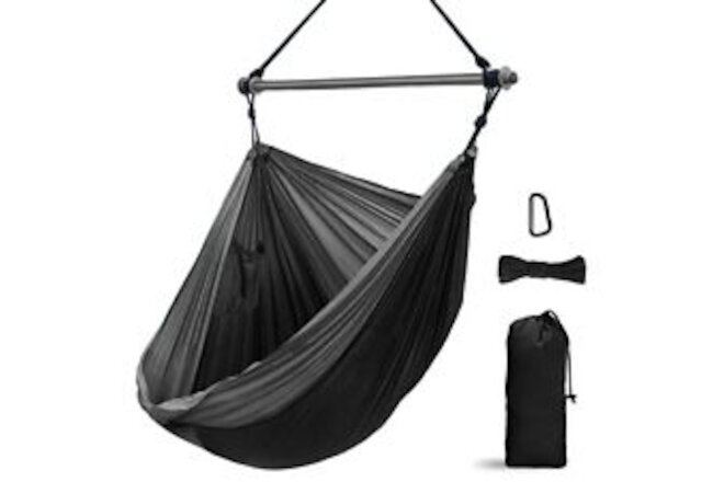 Hammock Chair, Portable Large Hanging Rope Swing - Lightweight Black & Grey