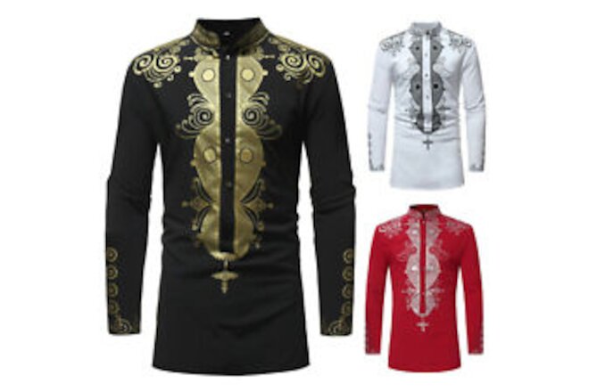 Men's Autumn Winter Luxury African Print Long Sleeve Dashiki Shirt Top Blouse US