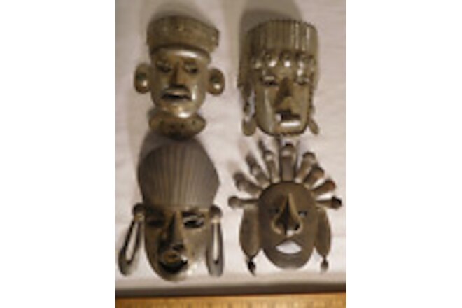 4 Vintage Mexican Eagle/Jaguar Aztec Warriors Tin Masks with Bright Glass Eyes +