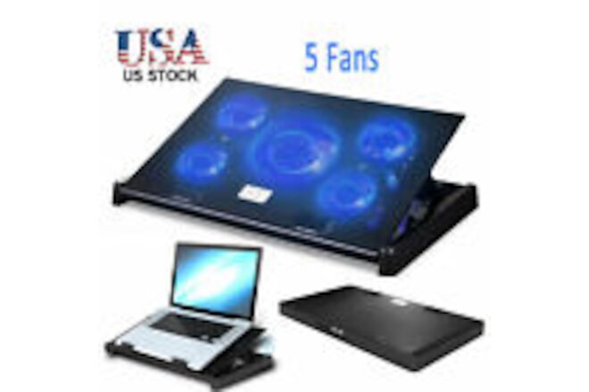 Blue LED Laptop Cooling Pad Gaming Cooler 5 Fans 2 USB Ports for 11-17" Notebook