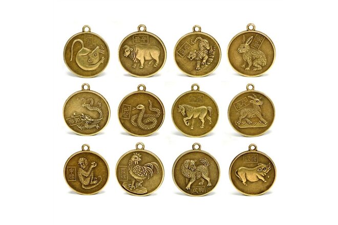 SET OF 12 CHINESE ZODIAC CHARMS 1" Pendant Feng Shui Lunar New Year Horoscope