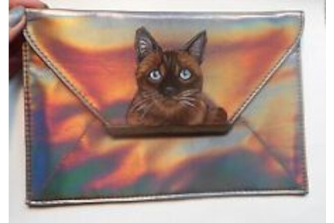 Burmese  Cat Purse Pouch Cosmetic Silver Bag Hand Painted