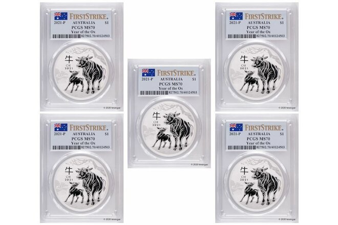 2021-P Australia Lunar Series Year of the Ox Silver Coin PCGS MS70 FS - Lot of 5